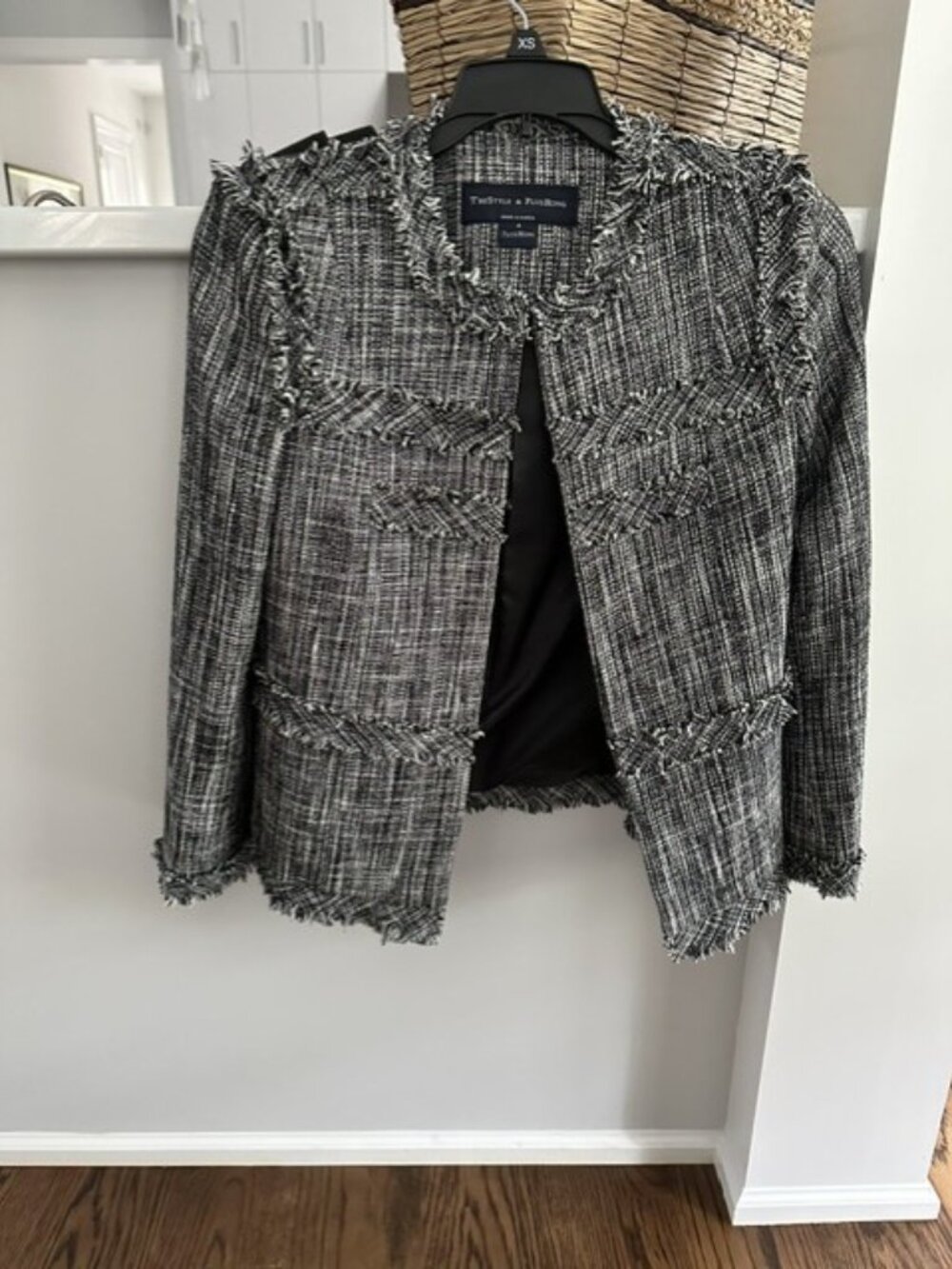 Open Front Finged Plaid Tweed Jacket Blazer XS